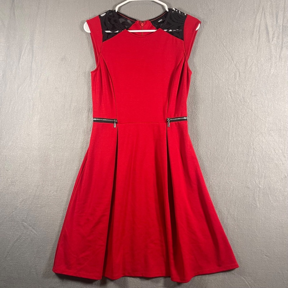 Mossimo Womens S Red Fit Flare Dress Black Lace Zipper Accent Cocktail Party
